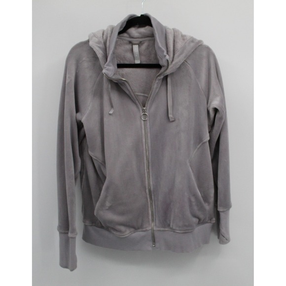 Athleta Tops - Athleta Triumph Double Cozy Soft Silver Grey Velour Zip Up Hoodie Size Lg